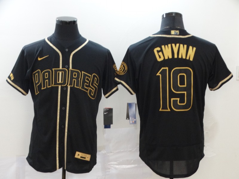 Men's San Diego Padres #19 Tony Gwynn Black Golden Flex Base Stitched Baseball Jersey